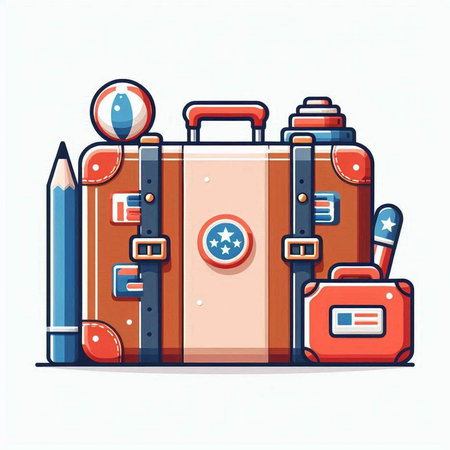 Suitcase with travel items. Vector illustration in flat style.のイラスト素材