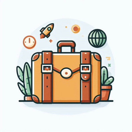 Suitcase and travel accessories. Flat line style vector illustration.のイラスト素材