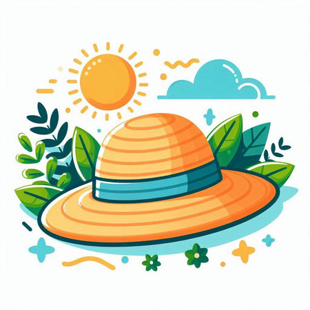 Summer hat on a background of leaves and sun. Vector illustration.のイラスト素材