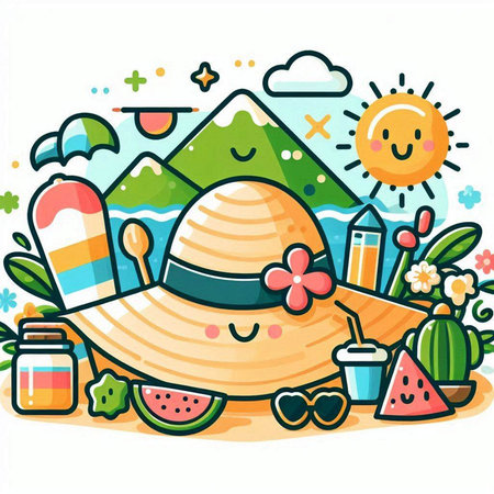 Cute cartoon illustration of a sun hat, sunglasses, watermelon and other summer elementsのイラスト素材