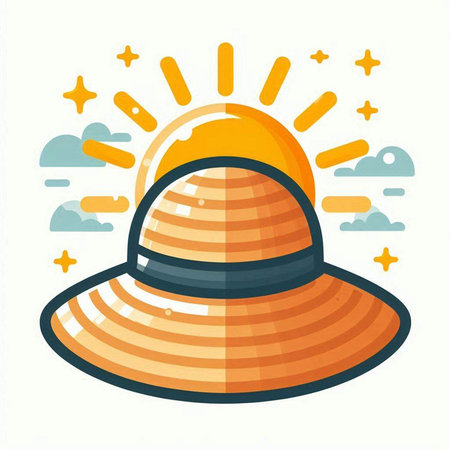 Summer hat with sun and clouds. Vector illustration in flat style.のイラスト素材