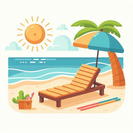 Beach chair and sun lounger on the beach. Vector illustrationのイラスト素材