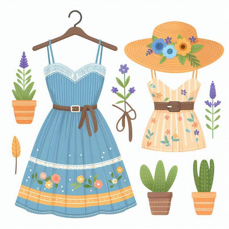 Cute summer fashion set with dress, hat and flowers. Vector illustration.のイラスト素材