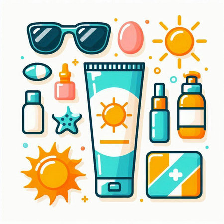 Sunscreen and sunblock icons set in flat style. Vector illustrationのイラスト素材