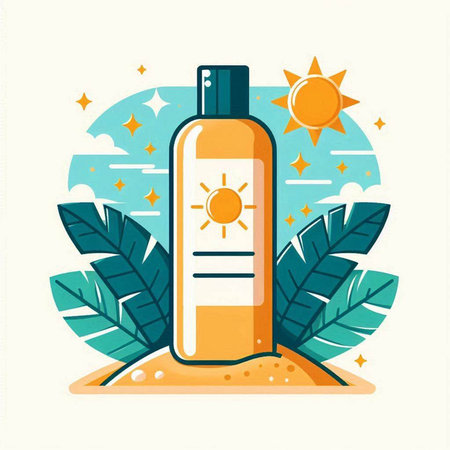 Sunscreen in a bottle on the sand. Vector illustration in flat styleのイラスト素材