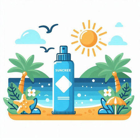 Sunscreen on the beach. Vector illustration in flat cartoon style.のイラスト素材