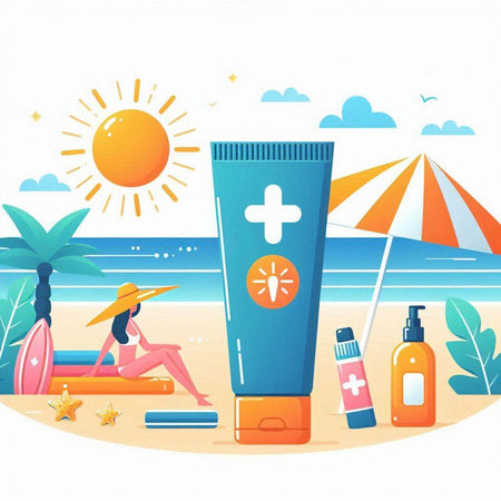 Vector illustration of sunblock on the beach. Summer vacation concept.のイラスト素材