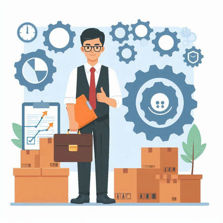 Businessman with briefcase standing near boxes and gear. Flat style vector illustration.のイラスト素材
