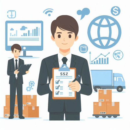 Illustration of a young businessman holding a clipboard with a checklist.のイラスト素材