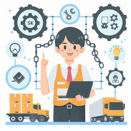 Warehouse worker with laptop and truck, flat style vector illustration.のイラスト素材