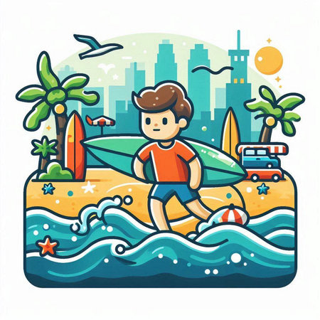Boy with surfboard on the beach. Summer vacation. Vector illustrationのイラスト素材