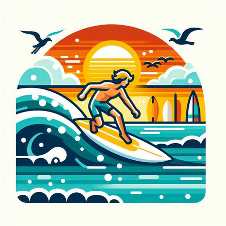 Surfer girl on the surfboard. Vector illustration in flat styleのイラスト素材