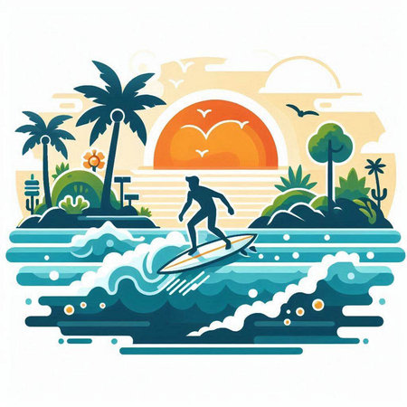 Surfer on the beach. Vector illustration in flat design style.のイラスト素材