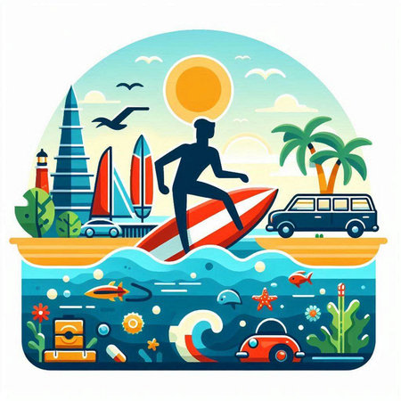Surfing flat style vector illustration. Surfer on the waves in the ocean.のイラスト素材