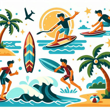 Surfing flat icons set with surfers and palm trees isolated vector illustrationのイラスト素材