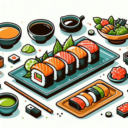 Sushi set on a white background. Isometric vector illustration.のイラスト素材