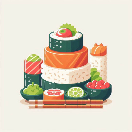 Sushi roll with salmon, tuna, avocado, cucumber and cream cheese. Vector illustration in flat styleのイラスト素材