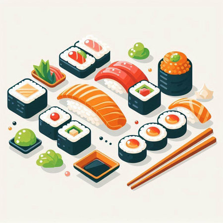 Sushi isometric composition with rolls and wasabi isolated vector illustrationのイラスト素材