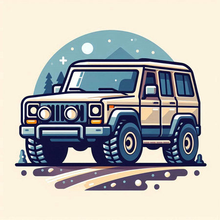 Off-road vehicle on the road. Vector illustration in retro style.のイラスト素材