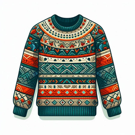 Knitted sweater with ethnic ornaments. Hand drawn illustration.のイラスト素材