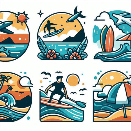 Surfing icons set in flat style. Collection of vector illustration.のイラスト素材