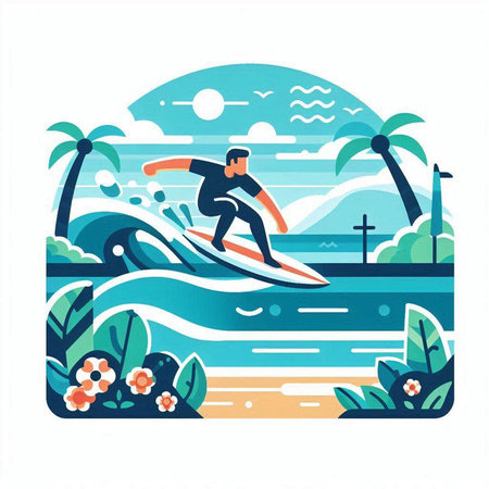 Surfer on the surfboard. Vector illustration in flat style.のイラスト素材