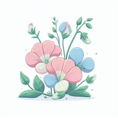 Vector illustration of a bouquet of pink and blue flowers on a white backgroundのイラスト素材