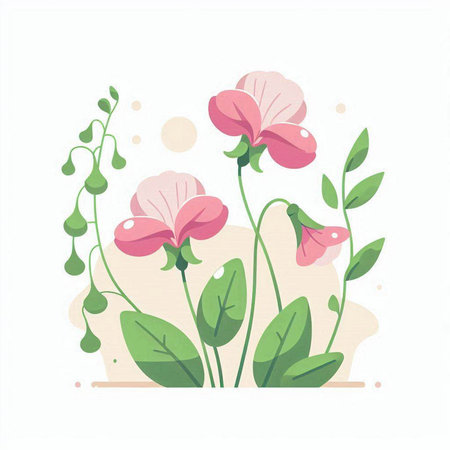 Vector illustration of pink flowers with green leaves on a white background.のイラスト素材