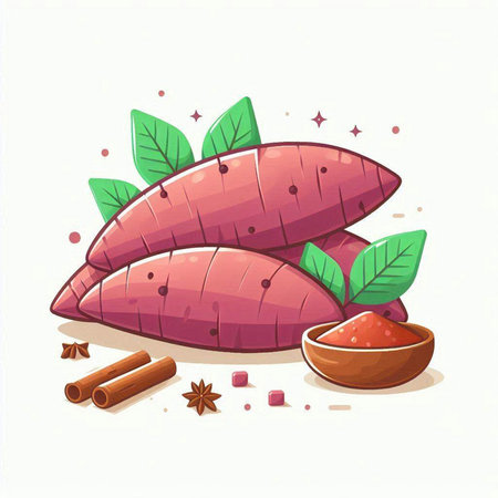Illustration of sweet potato with herbs and spices on white background.のイラスト素材