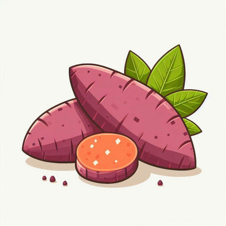 Sweet potato with green leaves. Vector illustration of a sweet potato.のイラスト素材