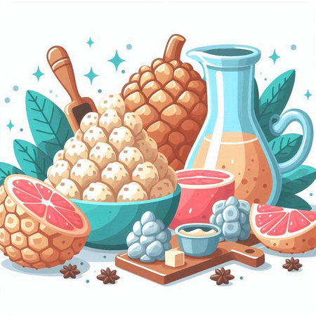 Vector illustration of fruits and berries in cartoon style. Healthy food.のイラスト素材