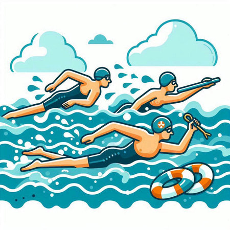 Swimming competition. Group of people swimming in the sea. Vector illustration.のイラスト素材