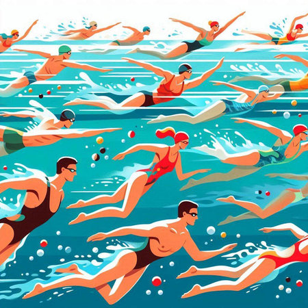 Swimming competition. Group of people swimming in pool. Vector illustrationのイラスト素材