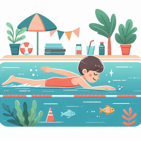 Swimming pool with a boy. Vector illustration in flat style.のイラスト素材