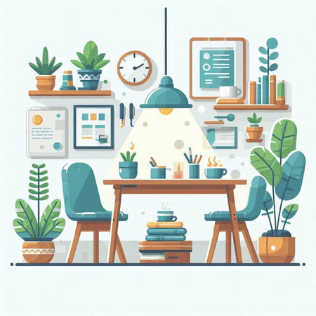 Interior of home office with furniture and plants. Flat style vector illustration.のイラスト素材