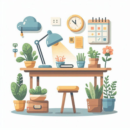 Flat design modern vector illustration concept of home office workspace. Workplace with table lamp, plant pot, calendar, clock, houseplant, clock, alarm clock.のイラスト素材