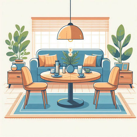 Interior of living room with furniture. Vector illustration in retro styleのイラスト素材