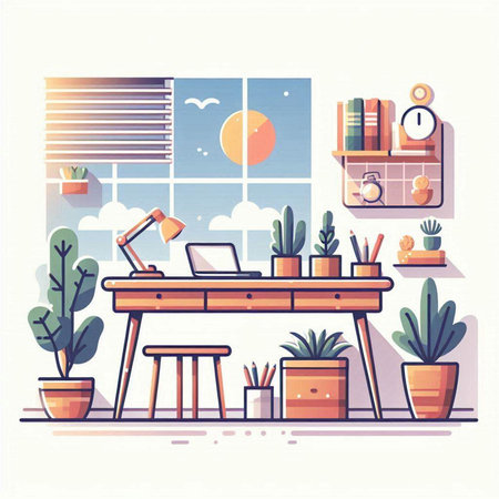Interior of home office. Vector illustration in flat design style.のイラスト素材