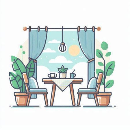 Cafe interior. Vector illustration in flat line style. Interior design concept.のイラスト素材