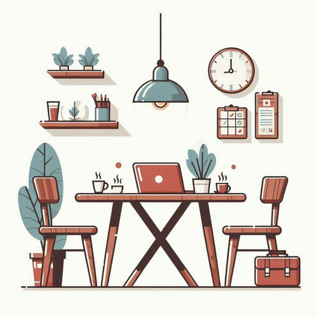 Interior of home office. Workplace with table, chair, laptop, coffee cup, bookshelf, plant pot. Vector illustrationのイラスト素材
