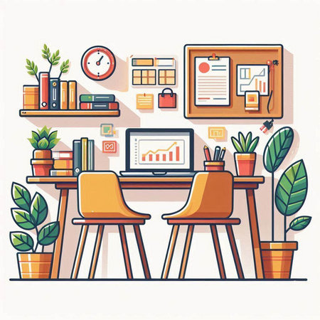 Office workplace interior. Workplace with computer, bookshelf, coffee table and plant. Flat vector illustration.のイラスト素材