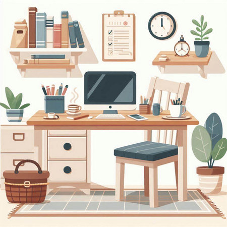 Illustration of a desk in a home office. Vector illustration.のイラスト素材
