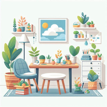 Interior of the room with furniture and plants. Vector illustration.のイラスト素材