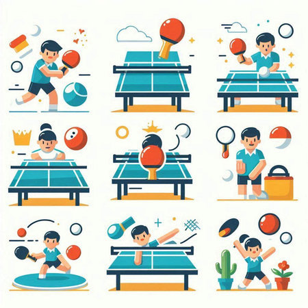 Table tennis and table tennis sport flat icons set isolated vector illustration.のイラスト素材