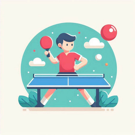 Table tennis flat design vector illustration. Cartoon man playing table tennis.のイラスト素材