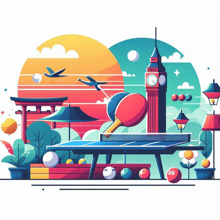 Vector illustration of a summer city landscape with a table tennis racket, table tennis ball, trees, lanterns, tower and flying birds.のイラスト素材
