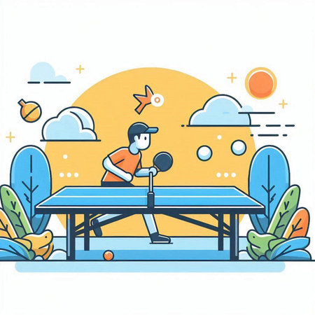 Table tennis flat vector illustration. Cartoon man playing table tennis on the park.のイラスト素材