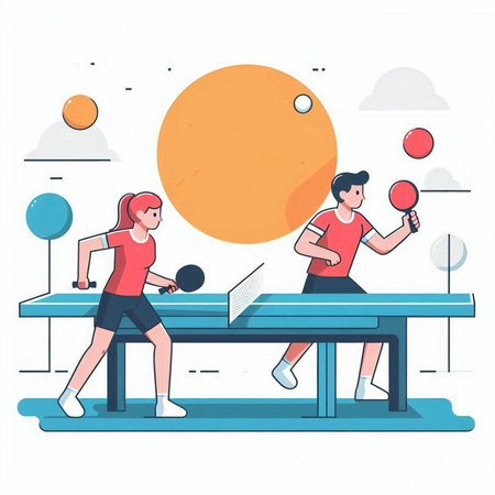 Table tennis. Young woman and man playing table tennis. Flat vector illustration.のイラスト素材