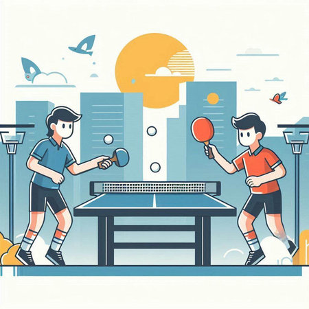 Table tennis game, two men playing table tennis, vector illustration.のイラスト素材