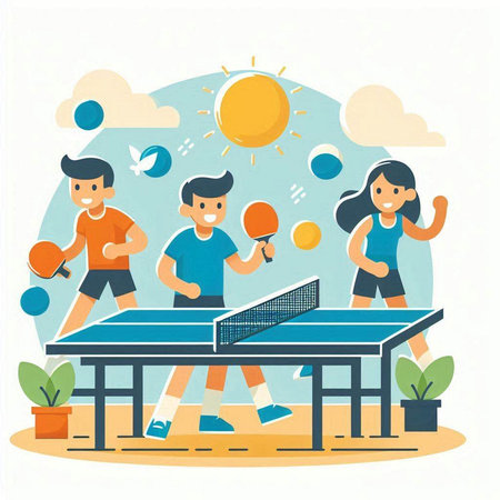 Table tennis game. Young people playing table tennis. Vector illustration.のイラスト素材